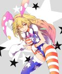  1girl absurdres american_flag american_flag_print blonde_hair clownpiece flag_print hat highres ichizen_(o_tori) jester_cap long_hair looking_at_viewer one_eye_closed open_mouth playboy_bunny polka_dot red_eyes smile solo star_(symbol) star_print striped_clothes touhou very_long_hair 
