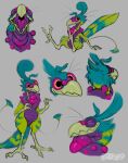 4_toes alien ambiguous_gender anisodactyl anthro avian avian_feet beak blue_body blue_feathers claws collage digitigrade eyes_closed feathers feet green_body green_feathers grey_background head_feathers hi_res looking_at_viewer open_mouth phynx pink_sclera purple_body semi-anthro simple_background sitting slightly_chubby slug_(artist) tail tail_feathers toes tongue whiskers wide_eyed wide_hips yellow_eyes