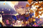  1boy bishounen blue_eyes blurry chinese_clothes depth_of_field fate/grand_order fate_(series) ginkgo_leaf grey_hair hair_between_eyes highres leaf long_bangs looking_at_viewer neck_ribbon prince_of_lan_ling_(fate) ribbon smile solo tassel tree uby401 