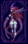 armless big_breasts big_butt blue_sclera breasts butt eyelashes female grey_body hair hi_res himokone horn horned_humanoid humanoid long_hair long_tail looking_at_viewer looking_back looking_back_at_viewer machine purple_background purple_hair rear_view red_body red_eyes red_hair robot robot_humanoid simple_background solo tail tailed_humanoid thick_thighs wide_hips