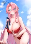  1girl alternate_costume azur_lane bikini bikini_pull blue_sky breasts cleavage clothes_pull covered_nipples duke_of_york_(azur_lane) large_breasts long_hair looking_at_viewer nail_polish nipple_slip nipples o-ring o-ring_bikini parted_bangs pink_hair pointy_ears pulled_by_self red_bikini red_eyes red_nails shionootsu signature sky swimsuit tongue tongue_out wet 