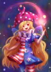  1girl american_flag_dress american_flag_pants bangs blonde_hair blue_sky breasts clownpiece commentary_request dress eyebrows_visible_through_hair fairy_wings fire gradient gradient_sky hand_up hat highres holding holding_torch jester_cap kuriiro light long_hair looking_to_the_side medium_breasts neck_ruff night night_sky open_mouth pants pink_headwear pointy_ears polka_dot purple_sky red_eyes short_sleeves sky smile solo standing star_(sky) star_(symbol) star_print starry_sky striped striped_dress striped_pants torch touhou wavy_hair wings 