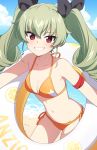  1girl anchovy_(girls_und_panzer) arm_strap bare_shoulders beach bikini black_ribbon blue_sky breasts bright_pupils child_(isoliya) cleavage cloud collarbone commentary day drill_hair girls_und_panzer green_hair grin hair_between_eyes hair_ribbon halterneck highres innertube leaning_forward light_blush long_hair looking_at_viewer medium_breasts navel ocean orange_bikini outdoors red_eyes ribbon shore side-tie_bikini_bottom sky smile solo stomach string_bikini swim_ring swimsuit symbol-only_commentary twin_drills twintails water white_pupils 
