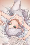  1girl akatsuki_(akatsukinotsuki) armpits barefoot book breasts elf frieren grey_hair grimoire highres holding holding_book long_hair looking_at_viewer on_bed perspective pointy_ears small_breasts solo sousou_no_frieren very_long_hair 