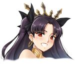  1girl bare_shoulders black_hair blush earrings fate/grand_order fate_(series) grin hoop_earrings ishtar_(fate) jewelry long_hair looking_at_viewer mr.thunderigor red_eyes simple_background smile solo two_side_up white_background 