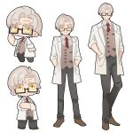  1boy black_pants brown_footwear brown_vest chibi closed_eyes closed_mouth coat collared_shirt formal full_body glasses hands_in_pockets highres looking_at_viewer male_focus mole mole_under_eye multiple_views necktie open_mouth pants red_necktie remosea semi-rimless_eyewear shirt simple_background smile standing tears_of_themis vest vyn_richter_(tears_of_themis) white_background white_coat white_hair white_shirt yellow_eyes 