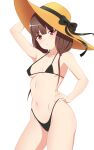  1girl absurdres bikini black_bikini blush breasts brown_eyes brown_hair collarbone covered_nipples cowboy_shot gradient_background hand_on_own_hip hat highres iino_miko kaguya-sama_wa_kokurasetai_~tensai-tachi_no_renai_zunousen~ long_hair medium_breasts navel roswell_ss shiny_skin simple_background solo sun_hat swimsuit 