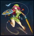 breasts brown_clothing brown_footwear brown_shoes cleavage clenched_teeth clothed clothing crossgender eyelashes fairy female footwear green_clothing green_eyes green_hat green_headwear green_topwear hat headgear headwear hi_res himokone holding_object holding_shield holding_sword holding_weapon humanoid humanoid_pointy_ears hylian link melee_weapon nintendo not_furry panties scar shield shoes solo sword tan_body tan_skin teeth the_legend_of_zelda thick_thighs topwear underwear upskirt weapon white_clothing white_panties white_underwear wide_hips