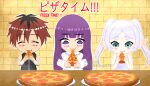  1boy 2girls bilingual brick_wall chibi commentary eating elf english_commentary fern_(sousou_no_frieren) food frieren highres holding holding_food holding_pizza long_hair mixed-language_commentary mixed-language_text multiple_girls parted_bangs pepperoni pizza pizza_slice pointy_ears purple_hair self-upload sousou_no_frieren stark_(sousou_no_frieren) the_blackout white_hair 