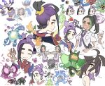  1boy 2girls ? arbok blush breast_pocket chandelure closed_eyes closed_mouth collared_shirt commentary_request dipplin dragonite fezandipiti gloves goodra great_ball hand_up heart highres hydrapple jacket juliana_(pokemon) kieran_(pokemon) love_ball lycanroc lycanroc_(midday) master_ball mochi_mochi_dance multicolored_hair multiple_girls multiple_views munkidori nanaheibei_3 necktie nemona_(pokemon) ogerpon okidogi parted_lips pawmot pecharunt pocket poke_ball pokemon pokemon_(creature) pokemon_sv politoed poliwrath ponytail porygon-z purple_necktie purple_shorts quaquaval quaxly red_gloves red_shirt school_uniform sentret shirt short_sleeves shorts sleeveless sleeveless_shirt smile terapagos translation_request two-tone_hair ultra_ball white_background yanmega yellow_eyes zzz 