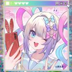  1girl ;d artist_name blonde_hair blue_bow blue_eyes blue_hair blue_nails blue_shirt blunt_bangs bow cat chinese_commentary chouzetsusaikawa_tenshi-chan commentary_request cursor gradient_hair hair_bow hands_up heise_guo_ding holding holding_phone long_hair looking_at_viewer multicolored_hair multicolored_nails multiple_hair_bows nail_polish needy_girl_overdose one_eye_closed open_mouth phone pien_cat_(needy_girl_overdose) pink_bow pink_hair pink_nails procreate_(medium) purple_bow purple_hair quad_tails sailor_collar shirt smile solo sparkle upper_body v watermark window_(computing) yellow_nails 