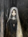  1girl animal_skull black_hair black_robe closed_mouth dark forest highres horror_(theme) jewelry jiz_(pffbq) looking_at_viewer nature necklace night original painting_(medium) purple_eyes robe skull_necklace smile solo standing traditional_media tree veil 