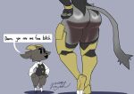 absurd_res anthro antlers armor big_butt bovid butler_(pseudoregalia) butt caprine clothing female fur goat grey_body grey_fur hands_on_hips hi_res horn hybrid jackalope lagomorph legwear male mammal pseudoregalia size_difference sybil_(pseudoregalia) thigh_highs wayesh