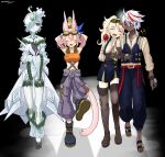  1boy 3girls albaz_(yu-gi-oh!) animal_ears arm_hug bandeau black_background blonde_hair boots closed_eyes collared_shirt crown crystal_hair dark-skinned_male dark_skin detached_sleeves duel_monster ecclesia_(yu-gi-oh!) fallen_of_albaz ferret_ears ferret_girl forehead_jewel full_body gloves goggles goggles_on_head green_eyes hair_over_one_eye highres icejade_aegirine icejade_gymir_aegirine jetihyeon jumpsuit jumpsuit_around_waist kitt_(yu-gi-oh!) long_hair multicolored_hair multiple_girls orange_bandeau pants pink_hair pointy_ears ponytail red_eyes red_hair sandals see-through_body shirt short_hair skirt streaked_hair suspender_skirt suspenders tail thigh_boots tri-brigade_kitt two-tone_hair white_hair yu-gi-oh! 