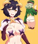  absurdres ale24x ass ass_focus breasts clip_studio_paint_(medium) coat green_coat hat highres large_breasts leoparde_(mahou_shoujo_ni_akogarete) magia_baiser mahou_shoujo_ni_akogarete military_hat military_uniform purple_hair thong tummy uniform vampire_wings wings yellow_eyes 