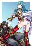  1boy 1girl aqua_hair armor ass blood blood_on_clothes blood_on_face blue_eyes blush boots cape commentary_request eirika_(fire_emblem) eruichi_(redphantom) fire_emblem fire_emblem:_the_sacred_stones flying_sweatdrops highres long_hair looking_at_viewer looking_back miniskirt panties pants red_footwear red_thighhighs shoulder_armor simple_background skirt stone_floor thigh_boots thighhighs underwear upskirt white_cape white_panties 