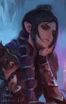  1girl armor artist_name baldur&#039;s_gate baldur&#039;s_gate_3 black_hair dungeons_and_dragons green_eyes hair_ornament head_rest highres long_hair looking_at_viewer multi-tied_hair pointy_ears scar scar_on_face scar_on_nose shadowheart_(baldur&#039;s_gate) solo upper_body useless_elf 