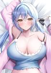  1girl :o absurdres ahoge armpits bare_shoulders black_ribbon blue_camisole blue_hair blush breasts camisole commentary_request elf hair_ornament hair_ribbon highres hololive huge_breasts jacket light_blue_hair long_sleeves looking_at_viewer lying midriff multicolored_hair navel off_shoulder on_back onabe_no_shime open_clothes open_jacket pink_jacket pointy_ears pom_pom_(clothes) ribbon sleeves_past_wrists solo strap_slip streaked_hair twintails upper_body virtual_youtuber x_hair_ornament yellow_eyes yukihana_lamy 