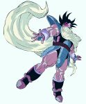  1boy absurdres black_eyes black_hair boots bracer cloak dragon_ball dragon_ball_z dutch_angle evil_smile fingerless_gloves floating floating_cape full_body gloves hair_between_eyes highres male_focus monkey_tail muscular muscular_male oharu2000 open_hand saiyan saiyan_armor scouter sleeveless smile solo spiked_hair tail tail_around_waist tullece white_background 