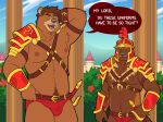 absurd_res anthro arm_tuft armor armpit_tuft bear belt belt_buckle blush blush_lines body_hair briefs brown_bear brown_body brown_eyebrows brown_fur brown_hair bulge cel_shading cheek_tuft clothed clothing column confusion detailed_background detailed_bulge dialogue duo elbow_tuft eyebrows facial_hair facial_tuft fleur-de-lis flower fur galea green_eyes gulonine hair hand_on_head happy_trail harness hi_res laminar_armor male mammal melee_weapon muscular muscular_male mustelid musteline outside pecs pillar plant quasarbearcat scratching_head shaded sheathed_weapon size_difference skimpy speech_bubble standing straps straps_across_chest sword tan_body tan_eyebrows tan_fur text tuft unconvincing_armor underwear ursine vambrace weapon wolverine yellow_eyes