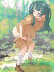  1girl blue_eyes blunt_bangs blunt_ends blurry blurry_background blush brown_footwear brown_jacket brown_shorts clothes_pull commentary crossed_bangs day forest grass green_hair hands_on_own_thighs have_to_pee highres hyakumangoku_masurao jacket kneehighs leaning_forward long_hair looking_back nature open_mouth outdoors panties panty_pull pink_panties pretty_series pripara short_sleeves shorts shorts_pull socks solo standing translated trembling tsukikawa_chili two_side_up underwear white_socks 