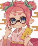  1girl blue_bow blue_eyes bow closed_mouth commentary_request dangle_earrings earrings egasumi hair_bow highres inkling inkling_girl inkling_player_character japanese_clothes jewelry kimono medium_hair multiple_hair_bows ochocho2828 pink_hair pointy_ears smile solo splatoon_(series) splatoon_3 tentacle_hair thick_eyebrows translation_request upper_body v white_background 
