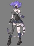  1girl alternate_costume asymmetrical_arms black_mask black_tank_top blue_eyes boots breasts brups_tv cleavage collar full_body grey_background hair_ornament hairclip head_wings highres large_breasts mask miniskirt mouth_mask nijisanji nijisanji_en pleated_skirt purple_hair red_eyes selen_tatsuki simple_background single_thighhigh skirt solo standing striped_clothes striped_thighhighs tail tank_top thighhighs wings 
