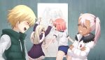  &gt;_&lt; 1boy 3girls ass blonde_hair blue_buruma buruma child_gilgamesh_(fate) chloe_von_einzbern closed_eyes commentary_request crossed_arms dark-skinned_female dark_skin drawing_(object) dress fate/kaleid_liner_prisma_illya fate_(series) gilgamesh_(fate) green_jacket gym_shirt gym_uniform illyasviel_von_einzbern jacket laughing long_hair long_sleeves looking_at_another multiple_girls official_art open_mouth pink_hair profile purple_dress shirt short_hair short_sleeves sleeveless sleeveless_jacket tanaka_(fate) teeth thighs twintails upper_body upper_teeth_only white_jacket white_shirt winter_clothes yellow_eyes 