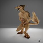 3d_(artwork) anthro blender_(software) brown_body brown_fur digital_media_(artwork) felix_(mysteryboy18) fluffy fur genitals hair hi_res holding_penis looking_at_viewer male mysteryboy18 nude open_mouth penis sergal smile solo tongue tongue_out 