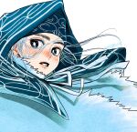  1girl ainu asirpa blue_hair blue_headband blue_theme blush cloak close-up dctroo_08 floating_hair fur_cloak golden_kamuy headband highres hood long_hair looking_to_the_side neck_ribbon parted_lips pink_lips ribbon simple_background solo white_background 