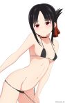  1girl absurdres artist_name bikini bikini_bottom_pull black_choker black_hair blush breasts choker collarbone covered_nipples cowboy_shot from_side grey_background hair_ornament highres kaguya-sama_wa_kokurasetai_~tensai-tachi_no_renai_zunousen~ medium_breasts micro_bikini navel parted_bangs roswell_ss shinomiya_kaguya simple_background solo swimsuit 