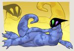 3_eyes alien belly blue_body blue_skin curled_tail featureless_crotch female flat_chested flexible glistening glistening_body glistening_skin heterochromia hi_res horn long_torso md34 merlinisapien mottled multi_eye pose sharp_teeth solo tail teeth thick_tail