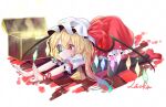  1girl artist_name ascot black_thighhighs closed_mouth flandre_scarlet frilled_skirt frilled_sleeves frills full_body glowing glowing_wings hat laska_(artist) mob_cap multicolored_butterfly multicolored_wings nail_polish puffy_short_sleeves puffy_sleeves red_eyes red_footwear red_nails red_ribbon red_skirt red_vest ribbon ribbon-trimmed_headwear ribbon_trim shirt short_sleeves simple_background skirt sleeve_ribbon solo thighhighs touhou vest white_background white_headwear white_shirt wings wrist_ribbon yellow_ascot 
