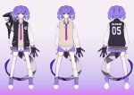  alternate_costume asymmetrical_arms black_nails blue_eyes ember_(selen_tatsuki) english_text full_body gradient_background hair_ornament hairclip head_wings heterochromia highres jacket letterman_jacket long_sleeves medium_hair multiple_views necktie nijisanji nijisanji_en pleated_skirt purple_background purple_eyes purple_hair purple_skirt ragerkgk selen_tatsuki shirt shoes single_thighhigh skirt socks sweater_vest tail thighhighs virtual_youtuber white_background white_shirt white_thighhighs wings 