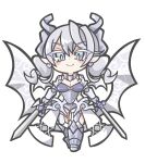  1girl armor breasts chibi cleavage demon_girl demon_wings drill_hair dual_wielding duel_monster earrings grey_hair highres holding holding_sword holding_weapon horns jewelry lady_labrynth_of_the_silver_castle looking_at_viewer looking_down lovely_labrynth_of_the_silver_castle medium_hair oquri pointy_ears simple_background solo sword twin_drills weapon white_background wings yu-gi-oh! 