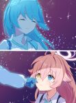 2girls absurdres ahoge aqua_hair aqua_necktie blue_archive blue_eyes chest_strap closed_eyes closed_mouth collared_shirt commentary_request crying fading gloves hair_between_eyes hair_flaps halo hand_on_another&#039;s_face heterochromia highres hoshino_(blue_archive) long_hair mibashi_(hash1_bam1) multiple_girls necktie pink_hair pink_halo school_uniform shirt smile white_shirt yellow_eyes yume_(blue_archive) 