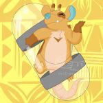 1:1 2022 3_fingers 3_toes abstract_background alien ambiguous_gender antennae_(anatomy) anthro biped brown_eyes brown_markings chest_markings chest_tuft container digital_drawing_(artwork) digital_media_(artwork) dipstick_antennae disney experiment_(lilo_and_stitch) fan_character feet fingers flat_colors fur gloves_(marking) hi_res lilo_and_stitch mammal markings multicolored_antennae narrowed_eyes page_(magedidelphi) pink_tail rodent rodent_tail self-aware-mushroom simple_background smile solo tail tan_body tan_fur teal_nose toes tuft underbite watermark yellow_background