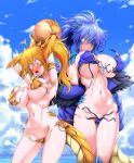  2girls annes_(g_(genesis1556)) antenna_hair arisa_(g_(genesis1556)) armlet armpits arms_up ball bare_shoulders beachball bikini blonde_hair blue_bikini blue_eyes blue_hair blue_jacket blue_pubic_hair blue_sky blush breasts claws closed_mouth cloud collarbone colored_pubic_hair commentary_request commission cowboy_shot day dragon_claw dragon_girl dragon_horns dragon_tail eyepatch fang female_pubic_hair fur-trimmed_jacket fur_trim g_(genesis1556) hair_between_eyes high_ponytail highres holding holding_ball horns jacket large_breasts long_hair looking_down monster_girl multiple_girls navel nose_blush ocean off_shoulder open_mouth original outdoors ponytail pubic_hair pubic_hair_peek scales scar scar_across_eye side-tie_bikini_bottom sidelocks skeb_commission skindentation sky standing stitches swimsuit tail torn_bikini torn_clothes wardrobe_malfunction wide-eyed yellow_bikini yellow_eyes 