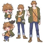  1boy :3 blue_pants brown_eyes camera chibi closed_mouth crossed_arms full_body green_jacket highres holding holding_camera jacket long_sleeves looking_at_viewer luke_pearce_(tears_of_themis) male_focus multiple_views open_mouth outstretched_arm pants remosea shirt short_hair simple_background standing tears_of_themis white_shirt yellow_shirt 