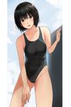  1girl amagami black_eyes black_hair black_swimsuit breasts competition_swimsuit cowboy_shot groin highleg highleg_swimsuit highres leaning_forward looking_at_viewer nanasaki_ai one-piece_swimsuit open_mouth short_hair small_breasts solo swimsuit two-tone_swimsuit ykh1028 