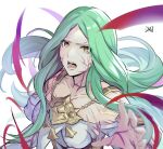  1girl bare_shoulders breasts commentary_request da-cart dress fire_emblem fire_emblem:_three_houses fire_emblem_heroes green_hair large_breasts long_hair looking_at_viewer off-shoulder_dress off_shoulder official_alternate_costume open_mouth rhea_(fire_emblem) simple_background solo upper_body very_long_hair white_background white_dress yellow_eyes 