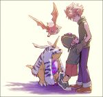  2boys ^_^ blonde_hair blue_eyes blue_pants brothers brown_shorts closed_eyes closed_mouth digimon digimon_(creature) digimon_adventure full_body gabumon gloves green_shirt hand_on_another&#039;s_head hat highres horns hug ishida_yamato kwsby_124 long_sleeves male_focus multiple_boys open_mouth pants patamon sharp_teeth shirt shoes shorts siblings simple_background single_horn sleeveless sleeveless_shirt socks spiked_hair standing takaishi_takeru teeth 