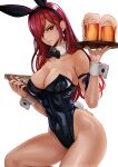  1girl alcohol animal_ears arm_tattoo artist_name bare_legs beer beer_mug black_bow black_bowtie black_leotard blush bow bowtie breasts brown_eyes cleavage closed_mouth cup detached_collar duplicate earrings erza_scarlet fairy_tail fake_animal_ears fake_tail hair_over_one_eye highres holding holding_tray jewelry large_breasts leotard long_hair looking_at_viewer magion02 mug pixel-perfect_duplicate playboy_bunny rabbit_ears rabbit_tail red_hair simple_background solo strapless tail tattoo tray white_background wrist_cuffs 