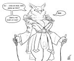 anthro avian big_breasts bird breasts cleavage clothed clothing confusion curvy_figure dialogue digital_media_(artwork) english_text feathers female holding_object jumprope owl ramona_(unicorn_overlord) robe sketch text wide_hips zeusinvert