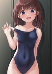  1girl absurdres black_swimsuit blue_eyes breasts brown_hair clothes_pull collarbone competition_swimsuit covered_navel cowboy_shot groin highleg highleg_swimsuit highres hino_(2nd_life) locker looking_at_viewer medium_breasts medium_hair one-piece_swimsuit original smile solo standing swimsuit swimsuit_pull wet wet_clothes wet_swimsuit 