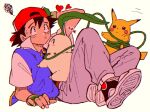  +++ 1boy ash_ketchum backwards_hat baseball_cap black_eyes black_hair black_headwear chikorita closed_eyes closed_mouth fingerless_gloves gloves green_gloves grey_pants hair_between_eyes hat heart highres kwsby_124 male_focus open_mouth pants pikachu pokemon pokemon_(anime) pokemon_(classic_anime) pokemon_(creature) shoes simple_background spiked_hair squiggle sweat 