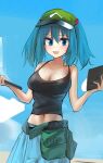 1girl :d aesur_a alternate_costume black_tank_top blue_eyes blue_hair blue_skirt breasts cleavage commentary flat_cap green_headwear groin hair_bobbles hair_ornament hat highres kawashiro_nitori large_breasts looking_at_viewer navel open_mouth pocket short_hair skirt smile solo tank_top touhou two_side_up unfinished 