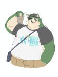 anthro backwards_baseball_cap backwards_hat baseball_cap belly blep blush bottomwear canid canine canis clothing domestic_dog fur green_body green_fur harumuname hat headgear headwear hi_res lifewonders live_a_hero male mammal messenger_bag mokdai overweight shorts solo tongue tongue_out