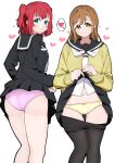  2girls aqua_eyes ass ass_visible_through_thighs black_shirt black_skirt blush bow bow_panties brown_hair clothes_lift commentary_request commission flashing heart highres kunikida_hanamaru kurosawa_ruby liz_(piyoko_piyop) long_hair long_sleeves looking_at_viewer love_live! love_live!_sunshine!! medium_hair multiple_girls necktie panties pantyhose pink_panties red_hair school_uniform shirt skeb_commission skirt skirt_lift smile underwear white_background white_necktie yellow_eyes yellow_panties yellow_shirt 