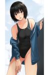  1girl amagami black_eyes black_hair black_swimsuit blue_jacket breasts competition_swimsuit cowboy_shot groin highleg highleg_swimsuit highres jacket leaning_forward looking_at_viewer nanasaki_ai one-piece_swimsuit open_mouth short_hair small_breasts solo swimsuit two-tone_swimsuit ykh1028 